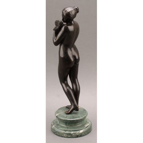 2402 - After Charles-Auguste Fraikin, a dark patinated bronze, Venus With Dove, marble plinth, 33cm high ov... 