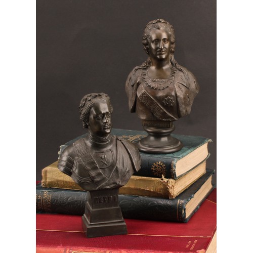 2554 - Russian School, a composed pair of cabinet bronze portrait busts, Peter I (Пётр I) and Catherine II ... 