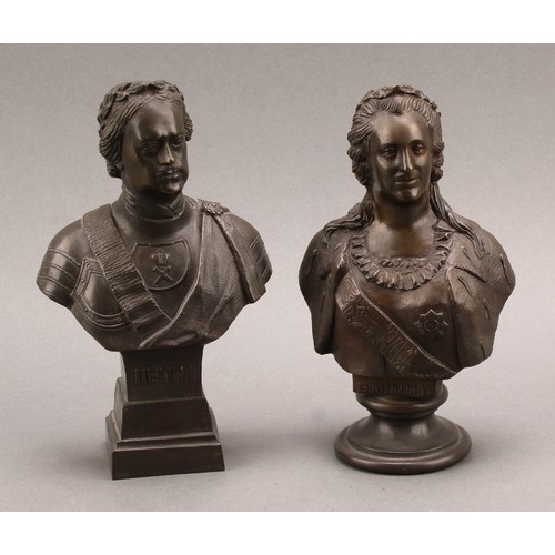 2554 - Russian School, a composed pair of cabinet bronze portrait busts, Peter I (Пётр I) and Catherine II ... 