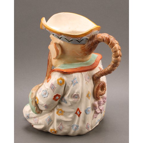 8 - A large Continental majolica character jug, as a seated Chinaman, his plaited hair as the handle, de... 