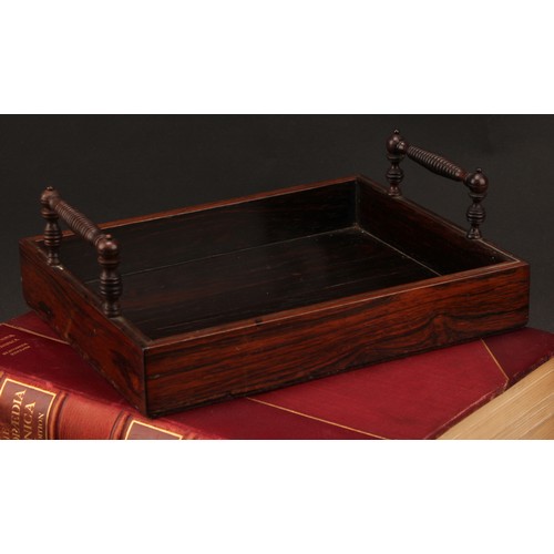 2199 - A George IV rosewood rectangular letter tray, turned handles, outlined in the Regency taste with bra... 