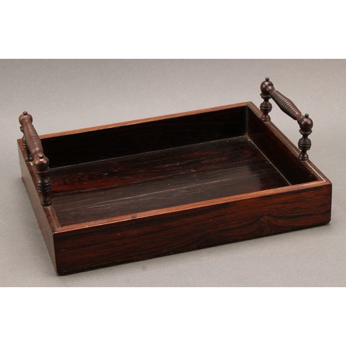 2199 - A George IV rosewood rectangular letter tray, turned handles, outlined in the Regency taste with bra... 