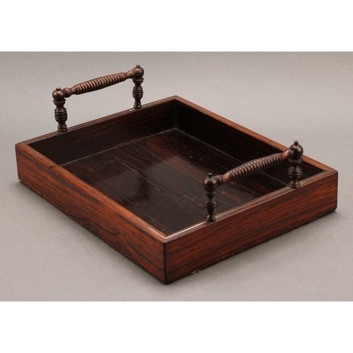 2199 - A George IV rosewood rectangular letter tray, turned handles, outlined in the Regency taste with bra... 