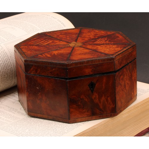 2195 - A George III rosewood crossbanded mahogany and satinwood octagonal work box, hinged cover veneered i... 