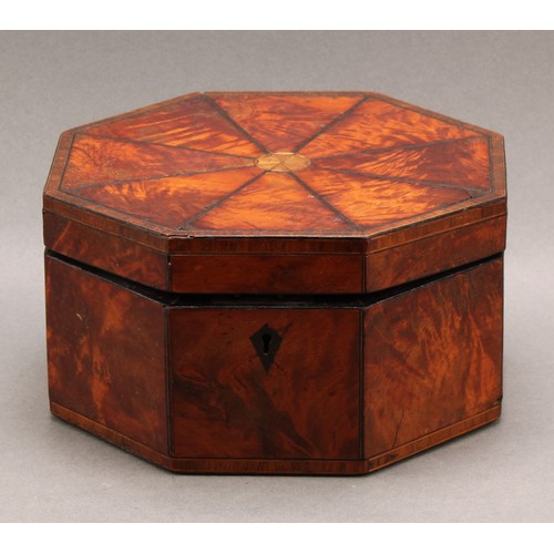 2195 - A George III rosewood crossbanded mahogany and satinwood octagonal work box, hinged cover veneered i... 