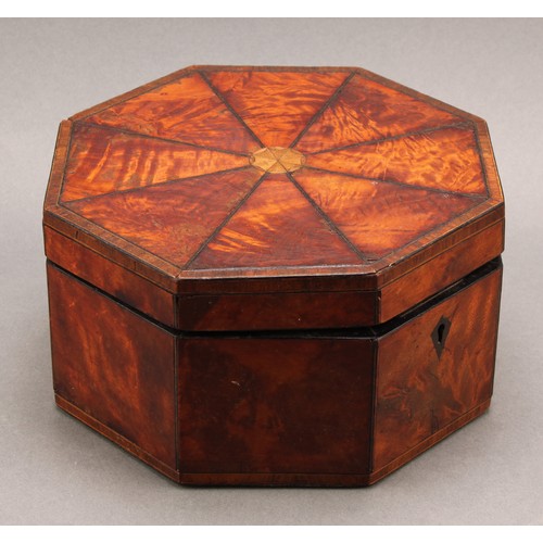 2195 - A George III rosewood crossbanded mahogany and satinwood octagonal work box, hinged cover veneered i... 