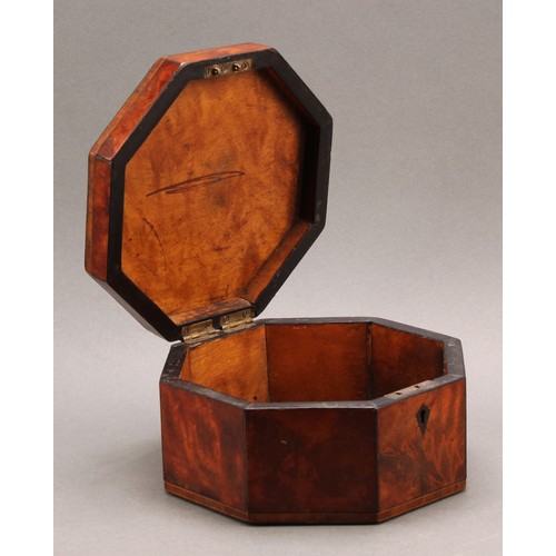 2195 - A George III rosewood crossbanded mahogany and satinwood octagonal work box, hinged cover veneered i... 