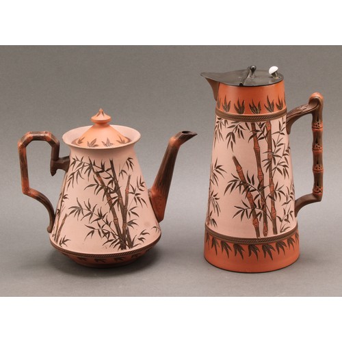 21 - A 19th century Langley Ware teapot and cover, Bamboo design, possibly after Christopher Dresser, 17c... 