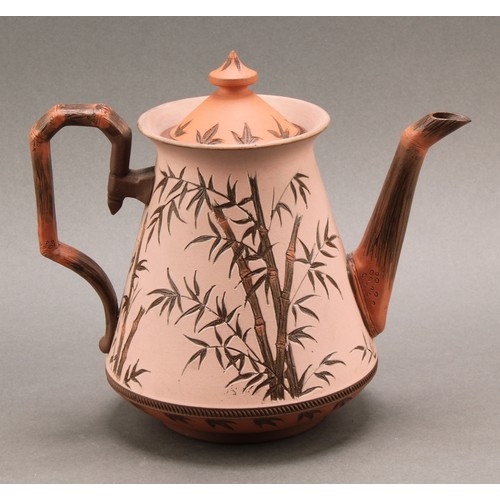 21 - A 19th century Langley Ware teapot and cover, Bamboo design, possibly after Christopher Dresser, 17c... 