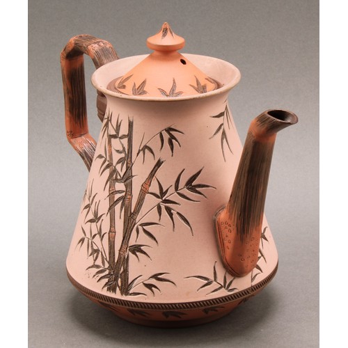 21 - A 19th century Langley Ware teapot and cover, Bamboo design, possibly after Christopher Dresser, 17c... 