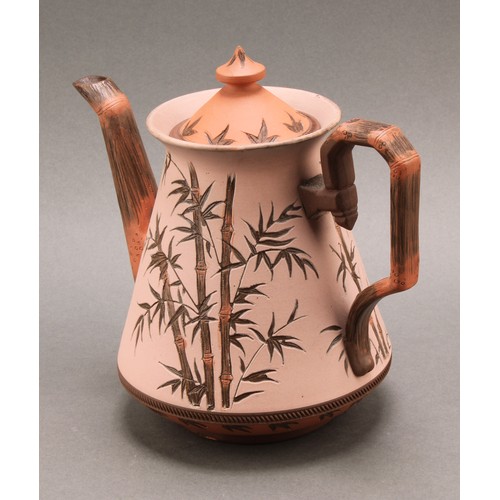 21 - A 19th century Langley Ware teapot and cover, Bamboo design, possibly after Christopher Dresser, 17c... 