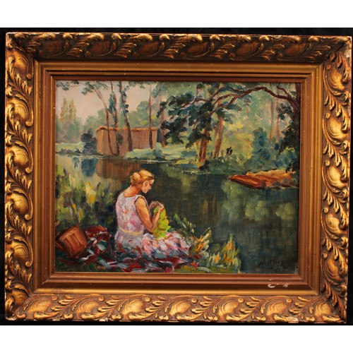 646 - Yves Dieÿ (1892-1984) 
Girl by River 
signed, date to verso, oil on board, 30.5cm x 39cm