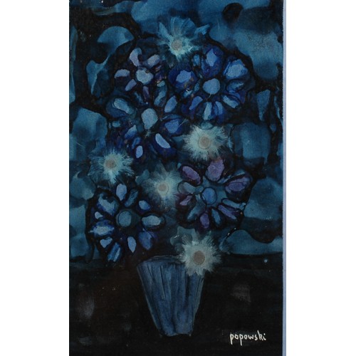 389 - Stella Popowski (1931-2008) 
Still Life with Flowers in Blue 
signed, oil, 28.5cm x 17cm