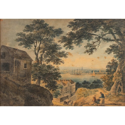 360 - Dutch School (18th century) 
Landscape with Harbour Town 
unsigned, watercolour, 26cm x 35.5cm