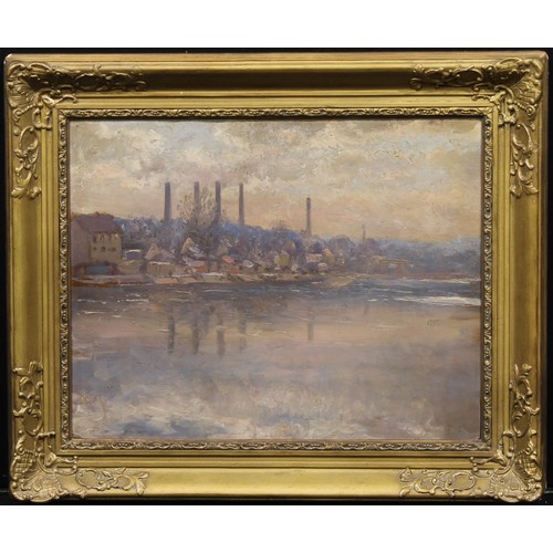 516 - British School (early 20th century) 
Industrial Coastline 
unsigned, oil on board, 49.5cm x 63.5cm