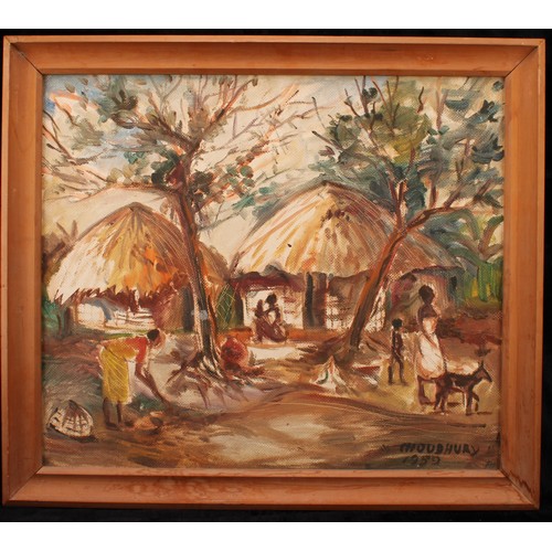 471 - Choudhury (Indian School, 20th century) 
Village Huts with Goat 
signed, dated 1952, acrylic on boar... 