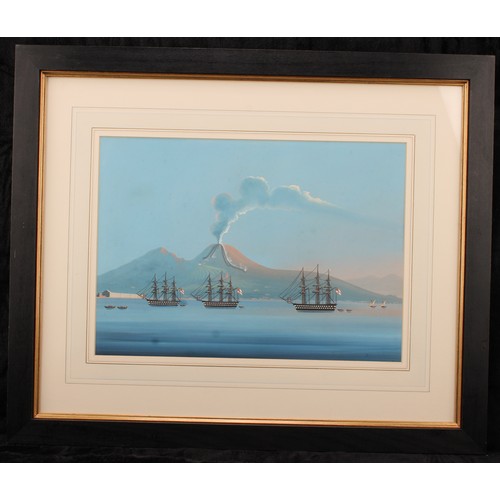 626 - English School (19th century) 
Royal Navy ships with Vesuvius Behind 
unsigned, gouache, 29cm x 41cm