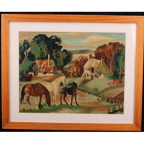 352 - British School (20th century) 
Horses Grazing 
unsigned, oil on canvas, 32cm x 41cm