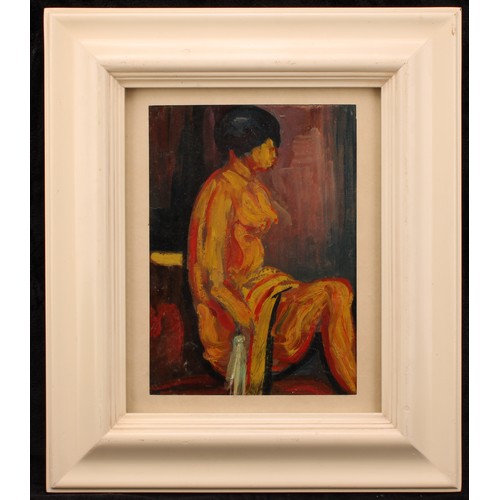 557 - English School (mid-century) 
Seated Nude 
unsigned, oil on board, 23cm x 17cm