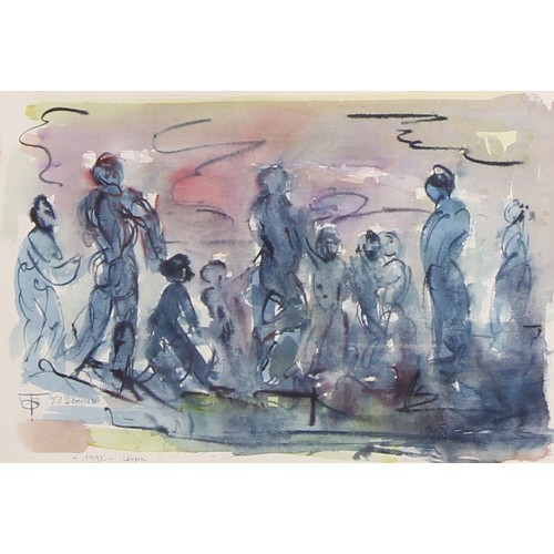 392 - Thomas O'Donnell (1944-2020) 
London Crowd 
signed, dated 1992, mixed media, 27.5cm x 40cm; others s... 