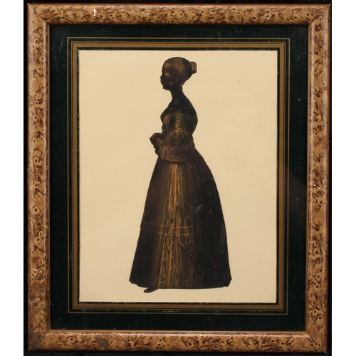 591 - A Victorian full length colour portrait silhouette, of Elizabeth Wreford (1818-1887), facing to dext... 