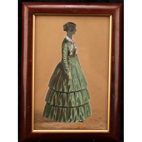 593 - A Victorian full length colour portrait silhouette, of a lady facing to sinister, mixed media, 29cm ... 