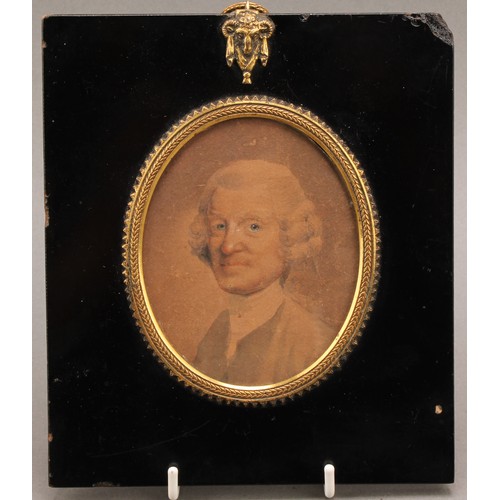 480 - An 18th century portrait miniature, of a gentleman in full aspect, unsigned, watercolour, 9.5cm x 7.... 