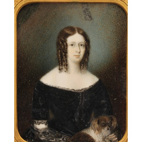 475 - A pair of Victorian portrait miniatures, of a Lady and Gentleman, she sits with a cavalier King Char... 