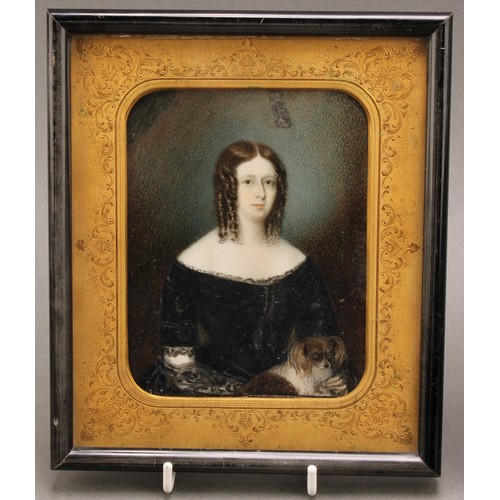 475 - A pair of Victorian portrait miniatures, of a Lady and Gentleman, she sits with a cavalier King Char... 