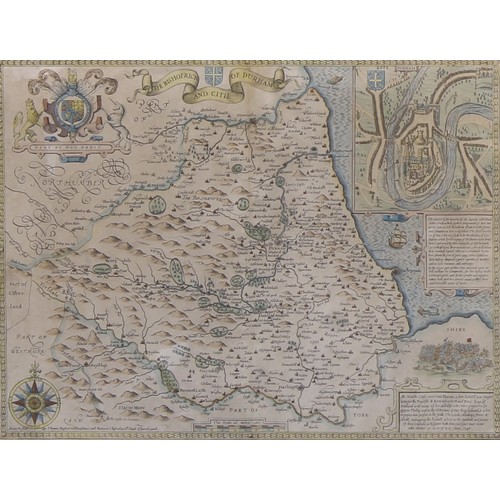 2490 - John Speed (1551/2 - 1629), after, a map, The Bishoprick and Citie of Durham, 38.5cm x 50.5cm; anoth... 