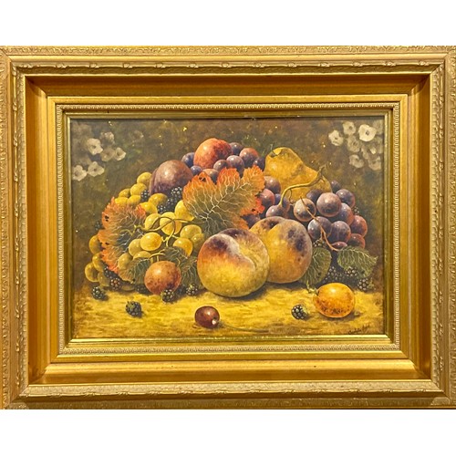 488 - Christopher Hughes (former Royal Worcester artist), Ripe Fruit on Mossy Bank, signed, watercolour, 2... 