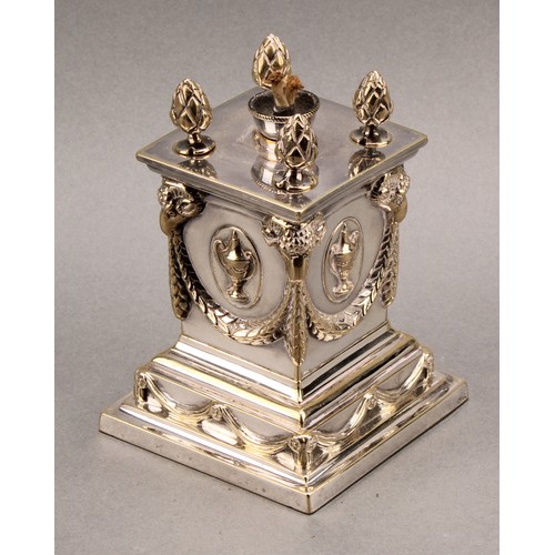 700 - A Victorian silver plated table lighter, in the Adam Revival taste, as a pedestal, in relief with sw... 