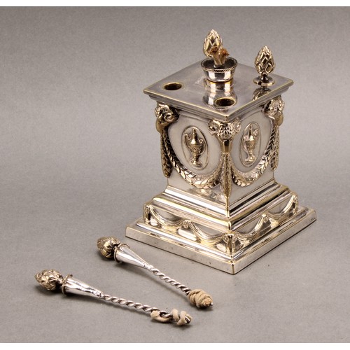 700 - A Victorian silver plated table lighter, in the Adam Revival taste, as a pedestal, in relief with sw... 