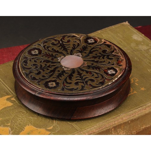 1411 - A 19th century boulle and rosewood waisted circular table snuff box, push-fitting cover centred by a... 