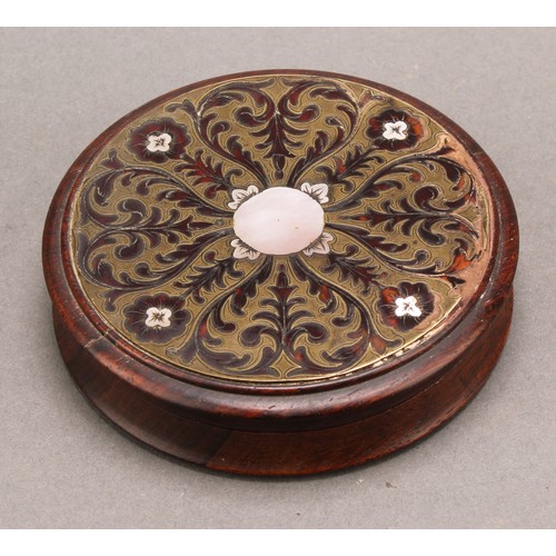 1411 - A 19th century boulle and rosewood waisted circular table snuff box, push-fitting cover centred by a... 