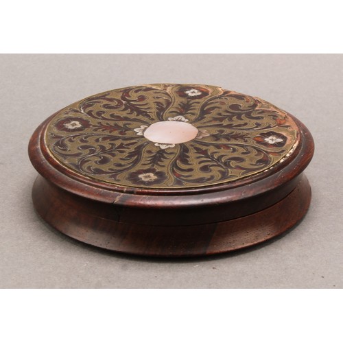 1411 - A 19th century boulle and rosewood waisted circular table snuff box, push-fitting cover centred by a... 