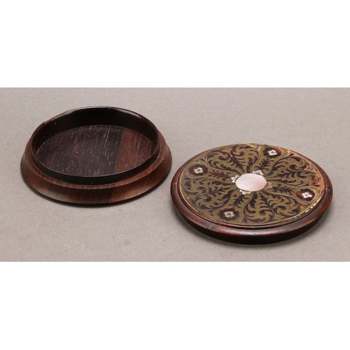 1411 - A 19th century boulle and rosewood waisted circular table snuff box, push-fitting cover centred by a... 