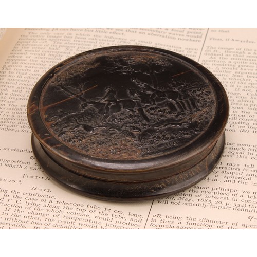 1417 - A 19th century pressed horn waisted circular snuff box, the push-fitting cover with a titled hunting... 