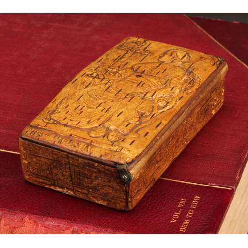 1416 - A 19th century pressed birch bark snuff box, the hinged cover with a titled portrait of Pope Pius IX... 