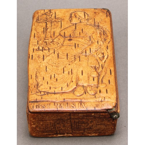 1416 - A 19th century pressed birch bark snuff box, the hinged cover with a titled portrait of Pope Pius IX... 