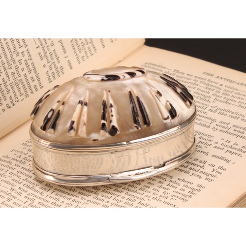 987 - An 18th century silver mounted sea shell snuff box, stand-away hinged cover, 6.5cm wide, c.1780