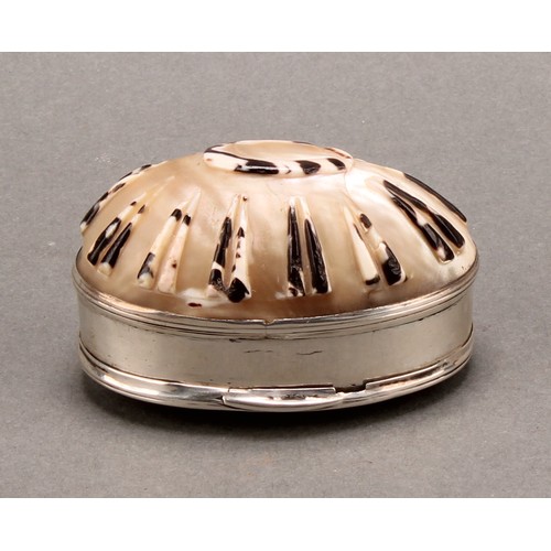 987 - An 18th century silver mounted sea shell snuff box, stand-away hinged cover, 6.5cm wide, c.1780