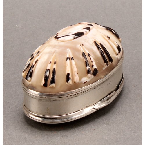 987 - An 18th century silver mounted sea shell snuff box, stand-away hinged cover, 6.5cm wide, c.1780