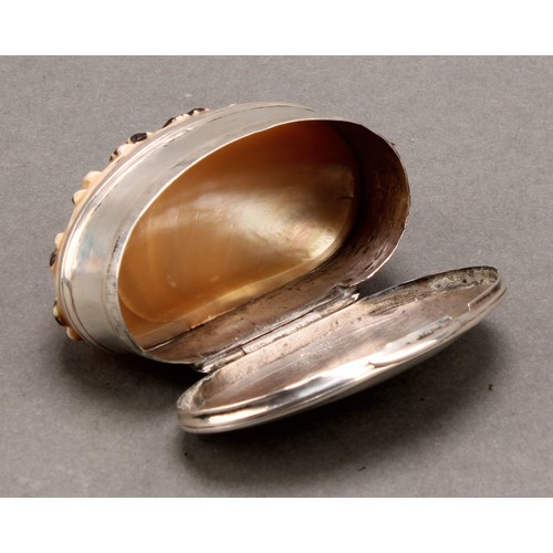 987 - An 18th century silver mounted sea shell snuff box, stand-away hinged cover, 6.5cm wide, c.1780