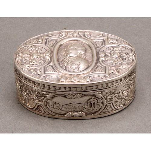 854 - A pair of 19th century German silver oval snuff boxes, hinged covers chased with portraits of Louis ... 