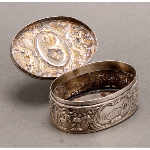 854 - A pair of 19th century German silver oval snuff boxes, hinged covers chased with portraits of Louis ... 