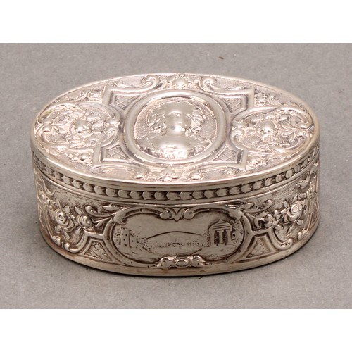 854 - A pair of 19th century German silver oval snuff boxes, hinged covers chased with portraits of Louis ... 