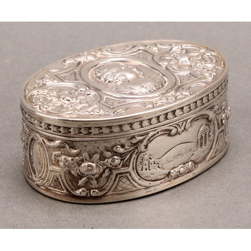 854 - A pair of 19th century German silver oval snuff boxes, hinged covers chased with portraits of Louis ... 