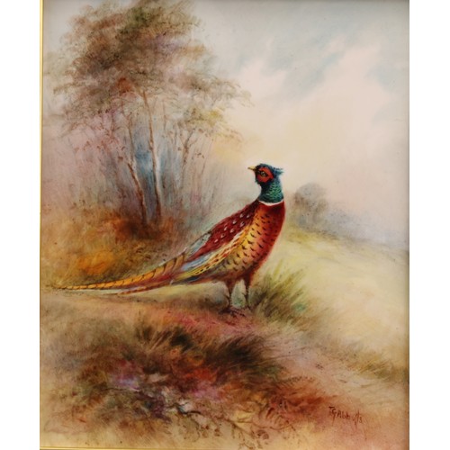 103 - A pair of rectangular porcelain plaques, painted by T. G. Abbotts, signed, with pheasants in woodlan... 