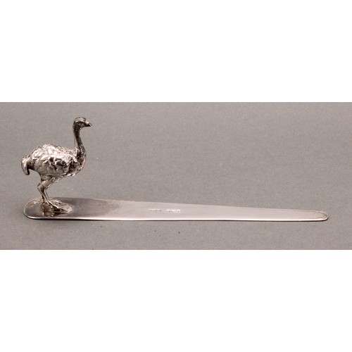 1031 - An Edwardian silver letter knife, mounted with a model of an ostrich, 18cm long, A. Barrett & Sons, ... 